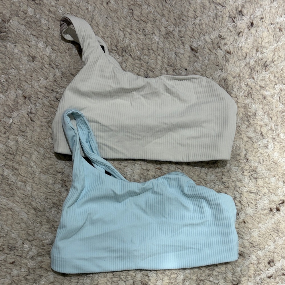 Set of Two Ribbed Bralettes - Cream and Light Blue